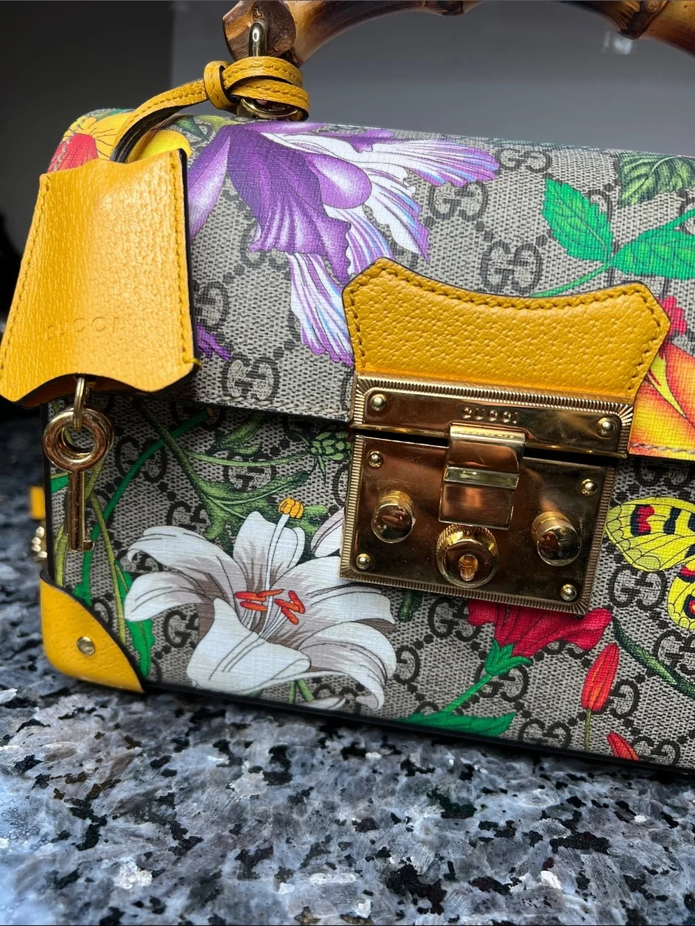 Gucci GG Flora Small Padlock Bamboo Bag Floral Coated Canvas and Yellow Leather - Picture 9 of 16